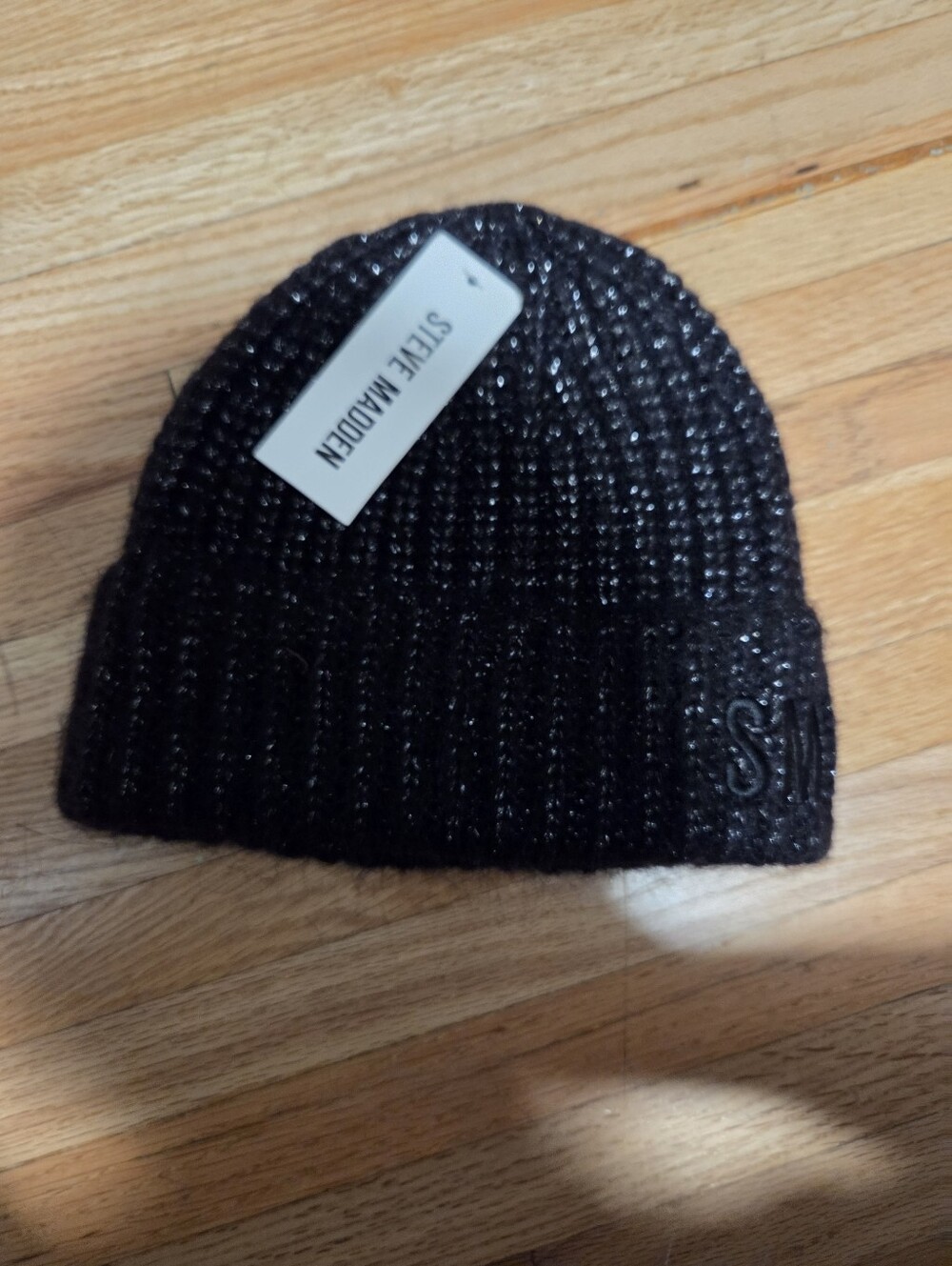 Steve Madden Sparkle Black Ribbed Beanie / NWT